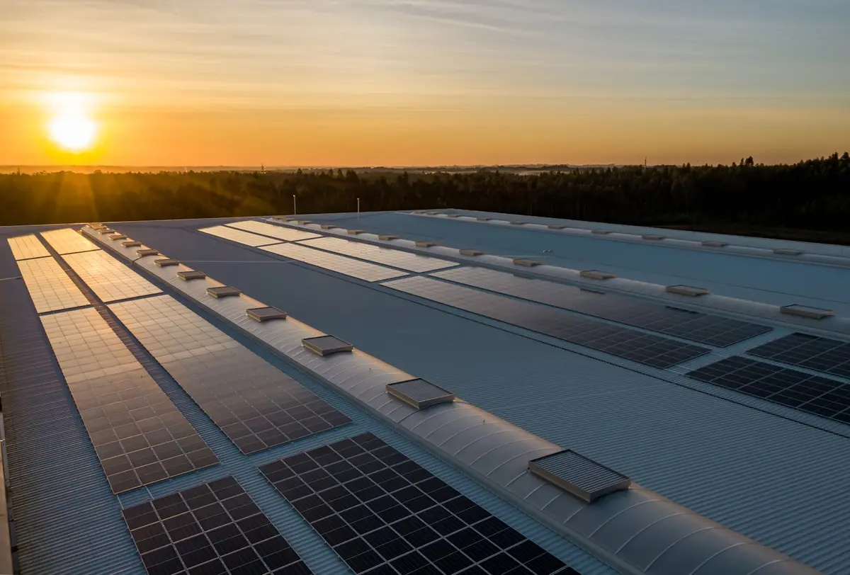 Photovoltaik-Anlage auf einem Gewerbedach bei Sonnenaufgang