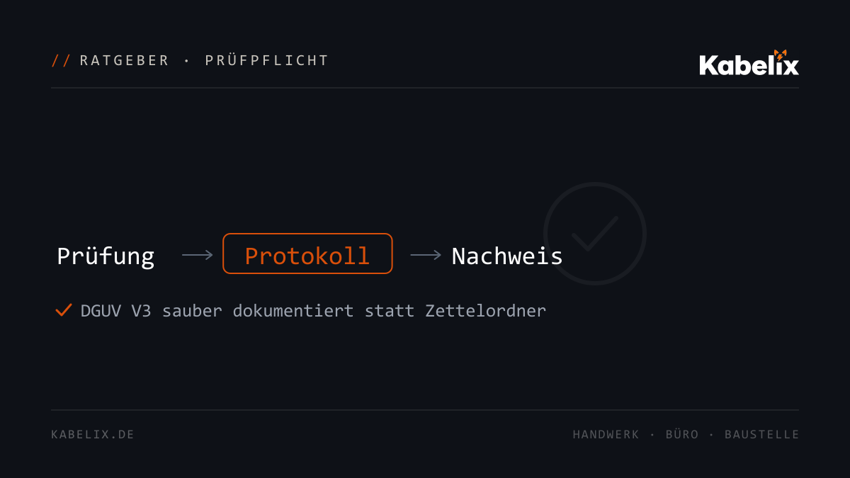 Diagramm: von der DGUV V3 Prüfung über das Protokoll zum Nachweis - Ratgeber von Kabelix
